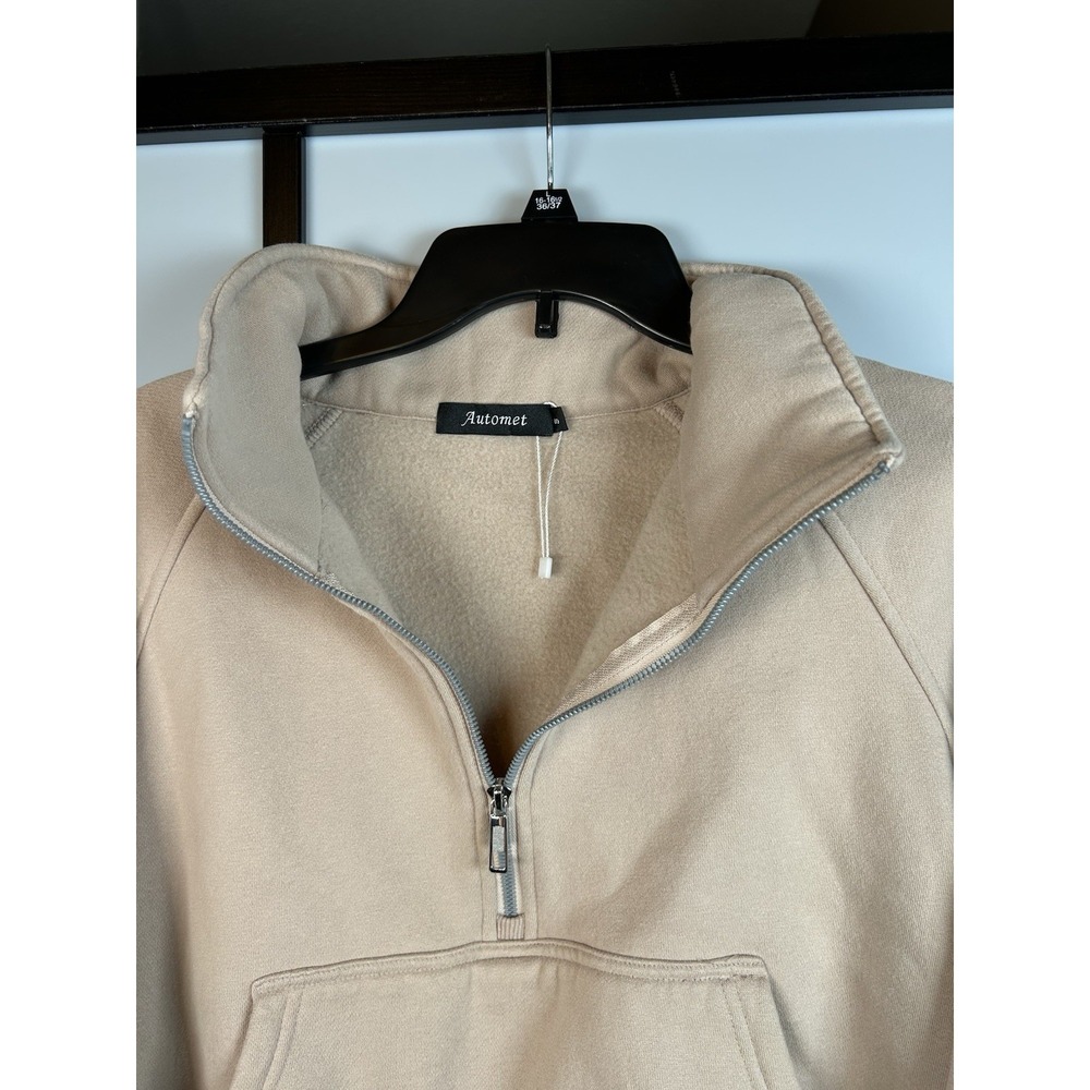 AUTOMET Women's Half Zip Cropped Sweatshirt Fleece Pullover Beige Small - Picture 4 of 10